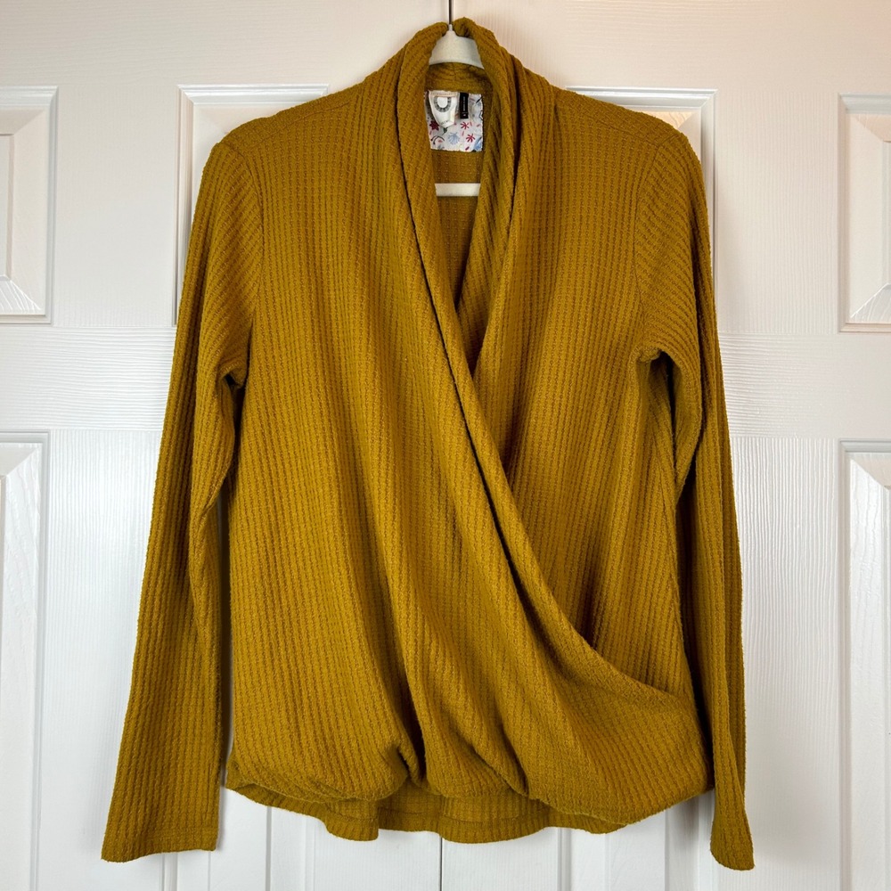 Anthropologie Akemi + Kin Mustard Yellow Waffle Knit Draped Wrap Top Medium